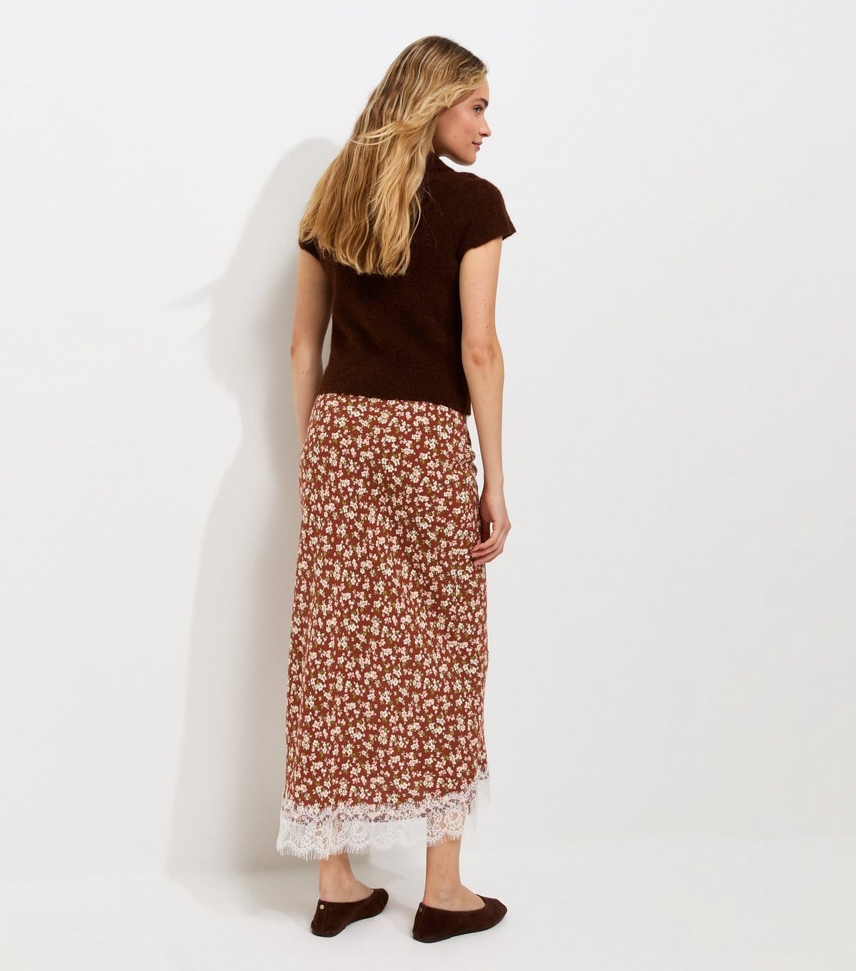 New Look Women's Orange Floral Print Lace Hem Bias Cut Midi Skirt New Look - 4