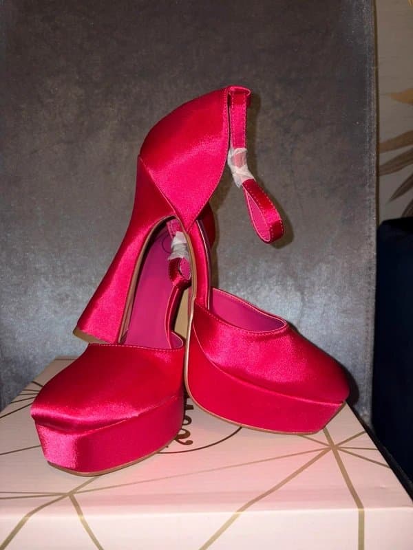 Essex Glam Fuchsia hot pink satin platform high block heel ankle strap shoe occasion wedding UK3 party prom