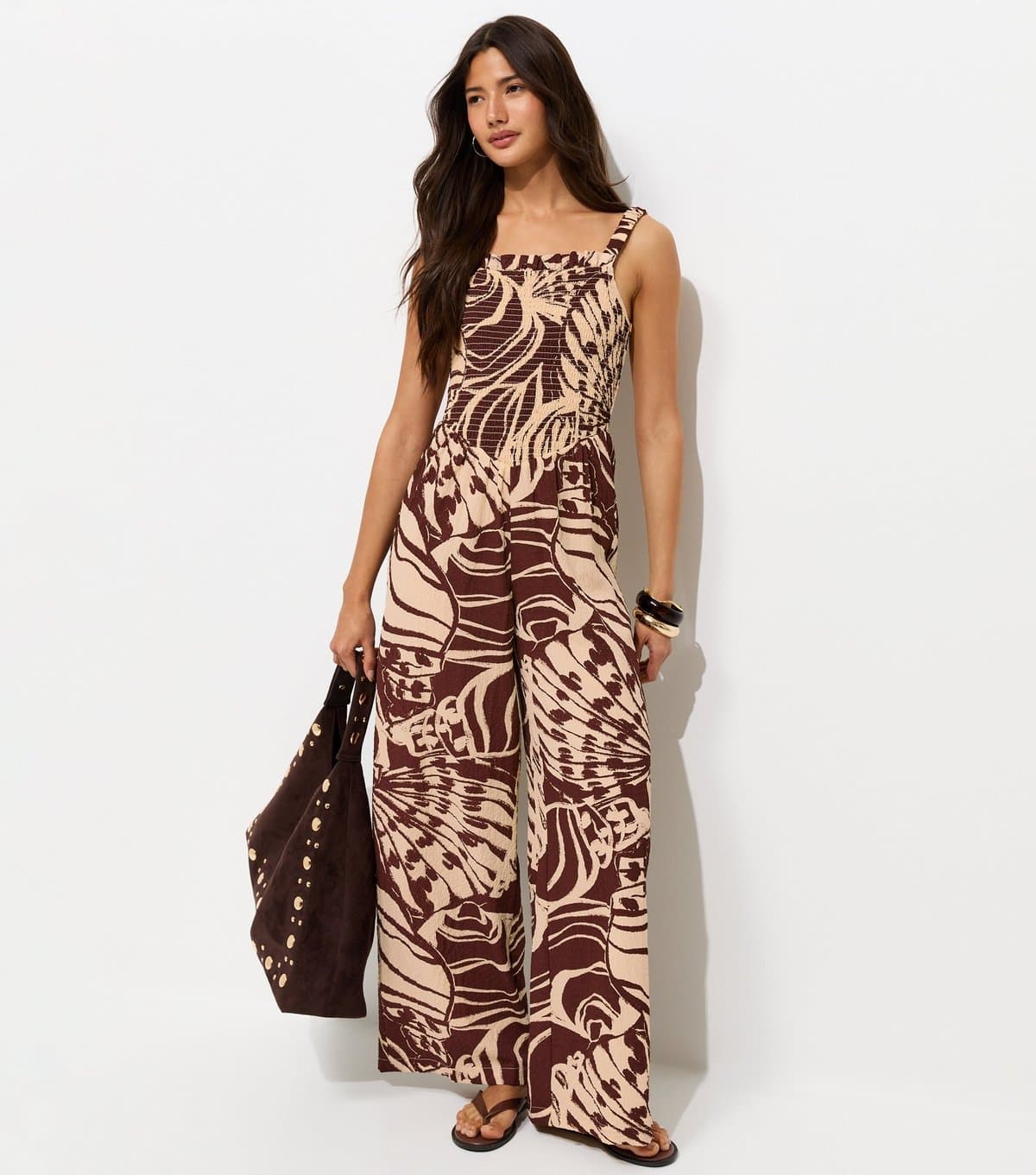 New Look Women's Brown Shell Print Strappy Wide Leg Jumpsuit New Look