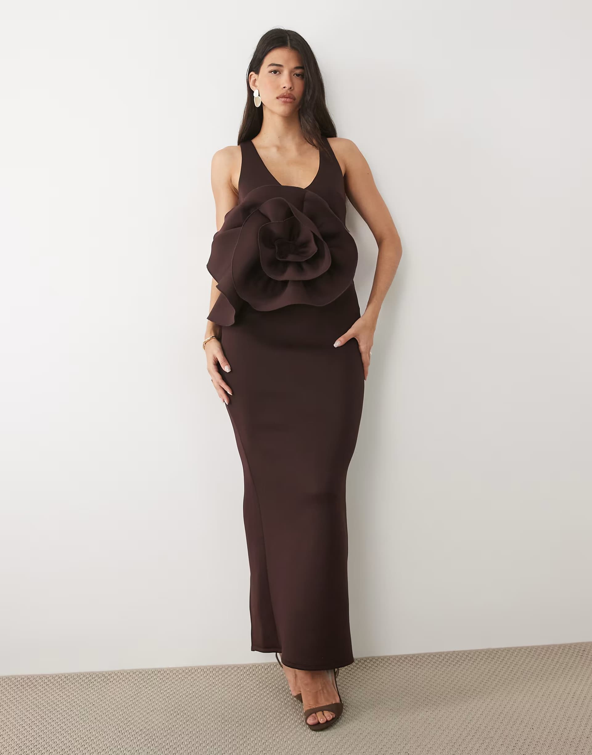 ASOS ASOS DESIGN plunge maxi dress with 3d corsage and open back in chocolate scuba-style fabric
