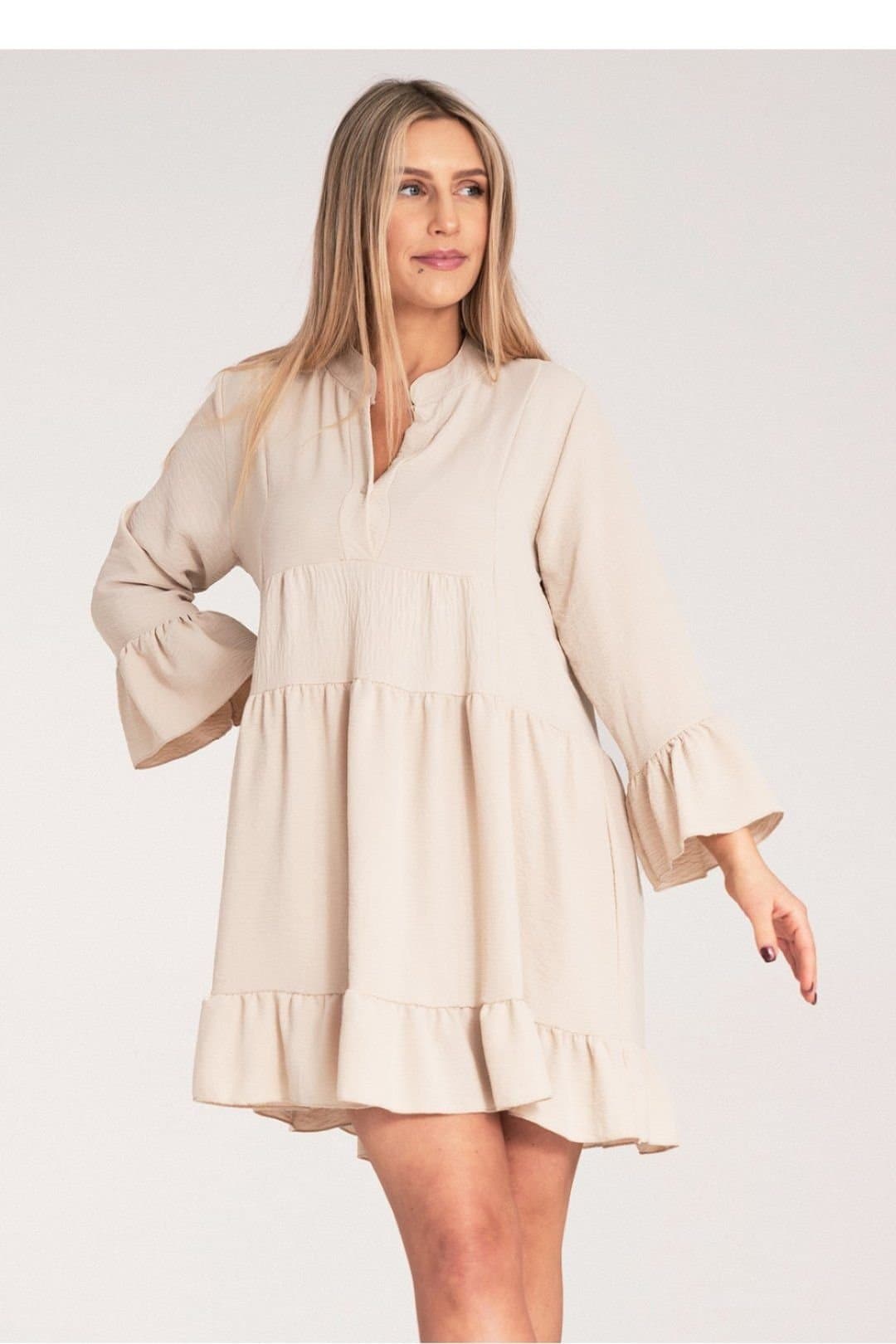 Love Lace Love Lace Women's Loose V Neck Frill Dress with Button Closure in Beige