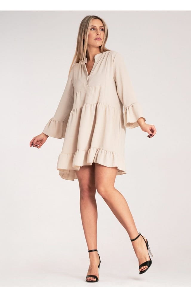 Love Lace Love Lace Women's Loose V Neck Frill Dress with Button Closure in Beige - 2