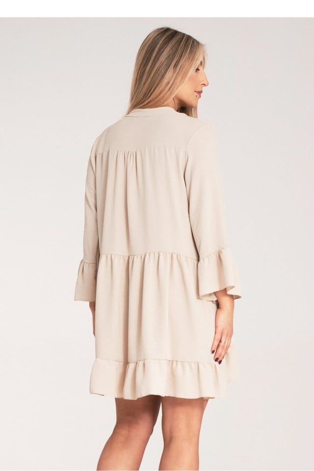 Love Lace Love Lace Women's Loose V Neck Frill Dress with Button Closure in Beige - 3