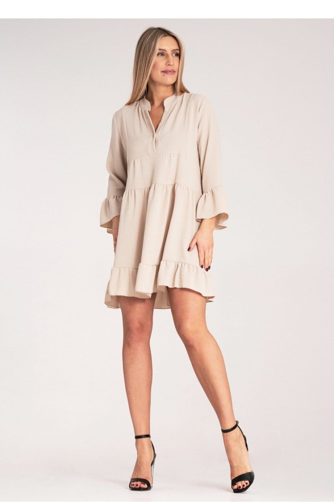 Love Lace Love Lace Women's Loose V Neck Frill Dress with Button Closure in Beige - 4