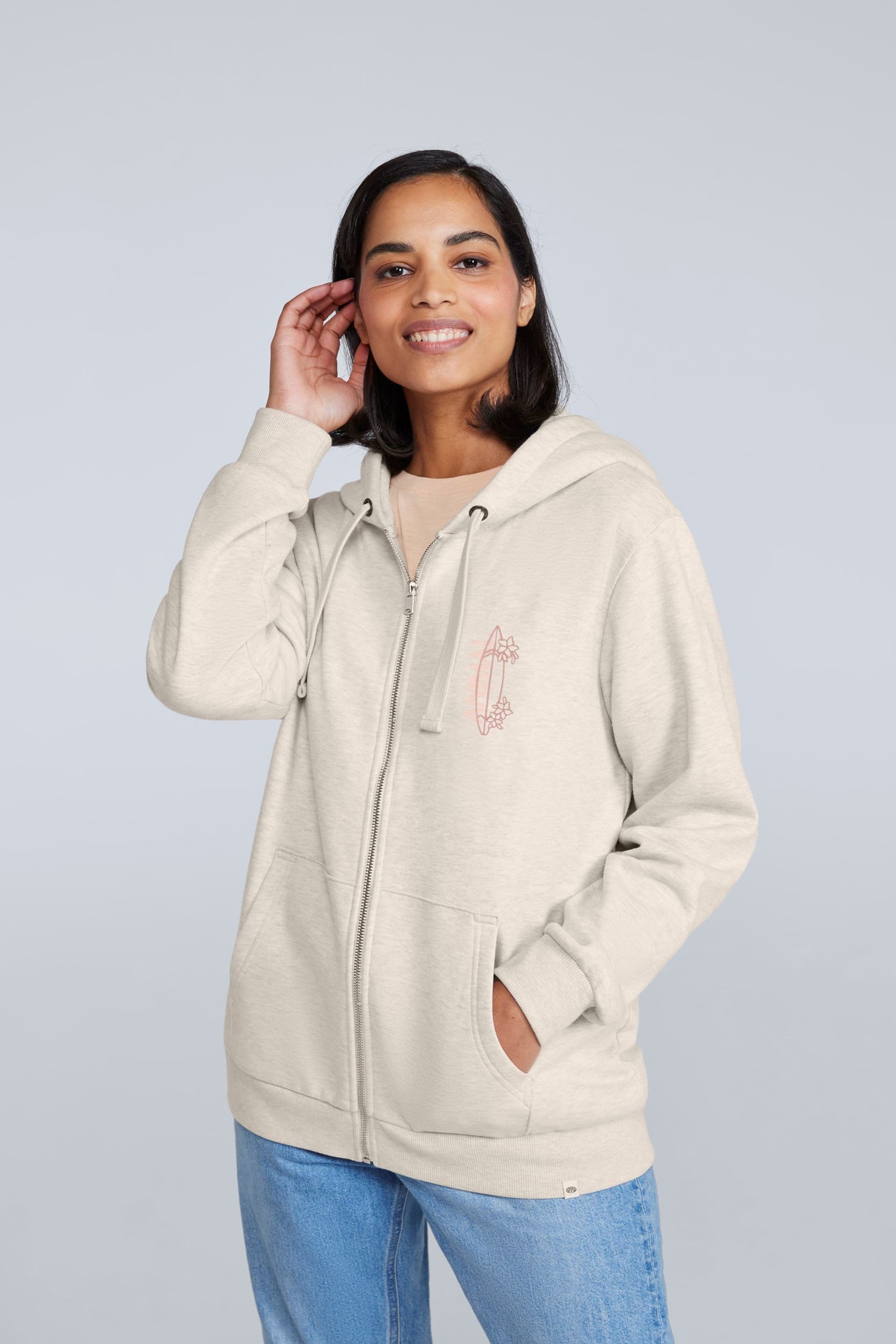 Animal Animal Women's 'Maya' Stylish Cotton Graphic Hoodie Lightweight Full Zip Sweatshirt in Light Beige