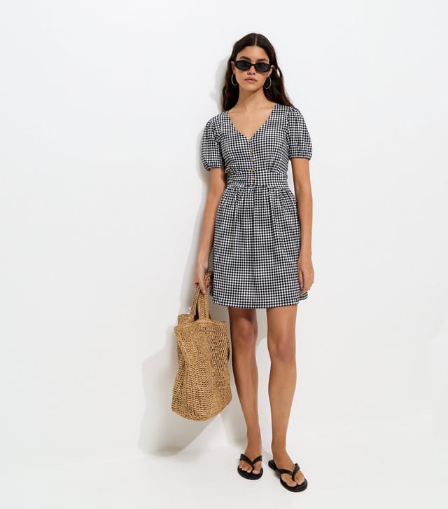 New Look Women's Black Crinkled Texture Gingham Button Front Mini Dress New Look - 3