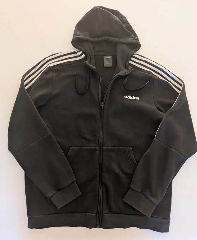 adidas Adidas Black Zip Up Hoodie XL 3 Stripe Fleece Lined