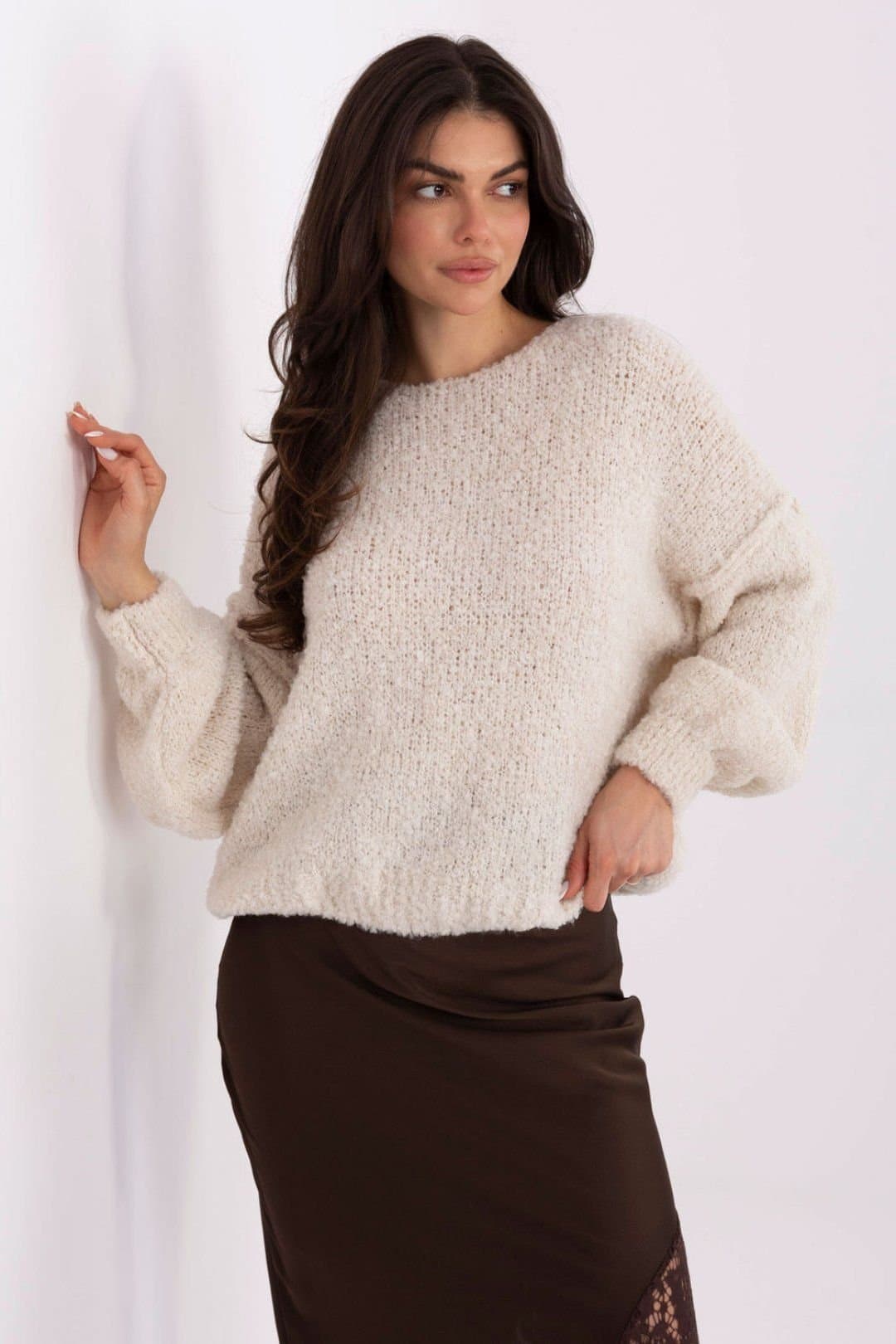Love Lace Love Lace Beige Boucle Sweater with Stitch Detail