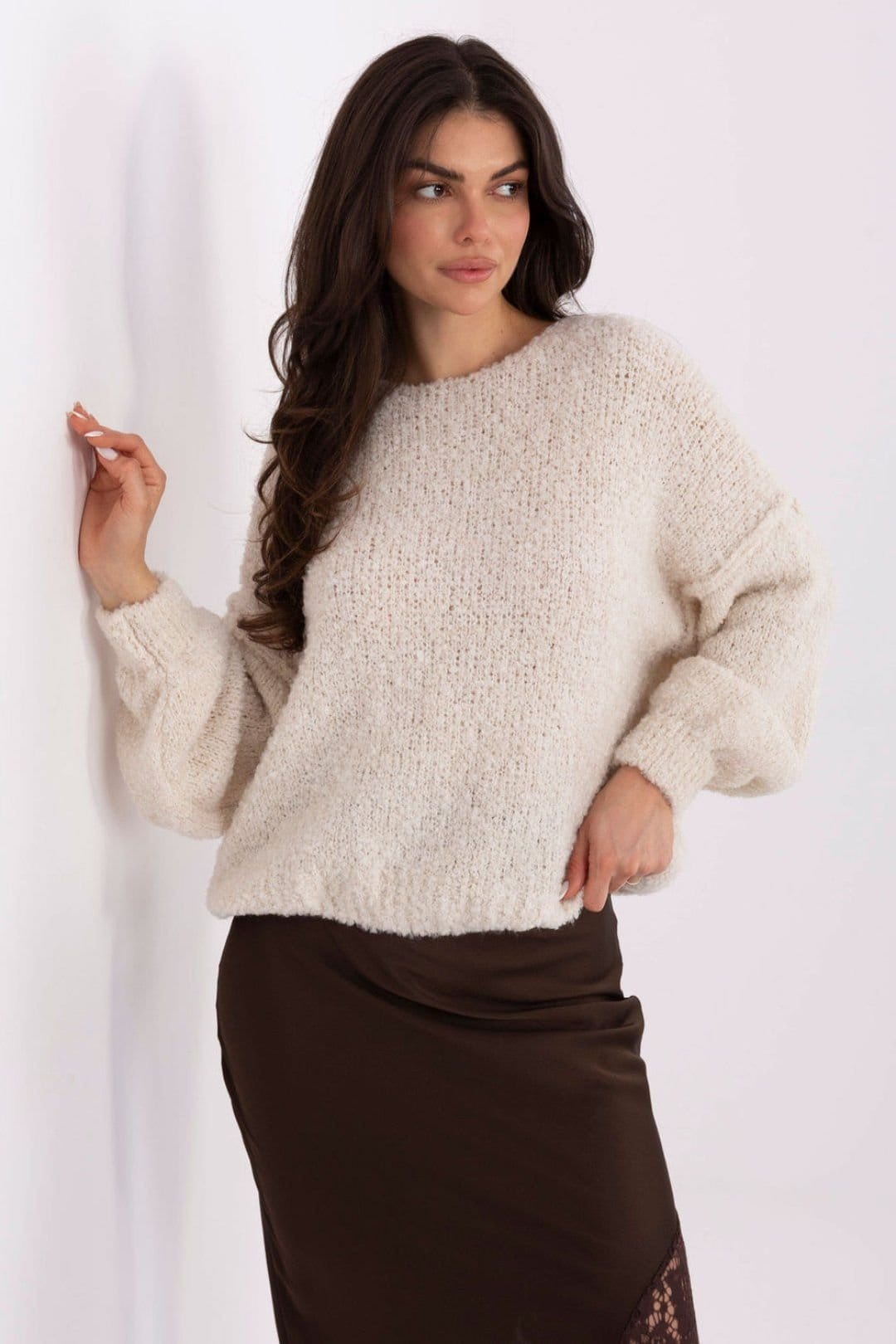 Love Lace Beige Boucle Sweater with Stitch Detail