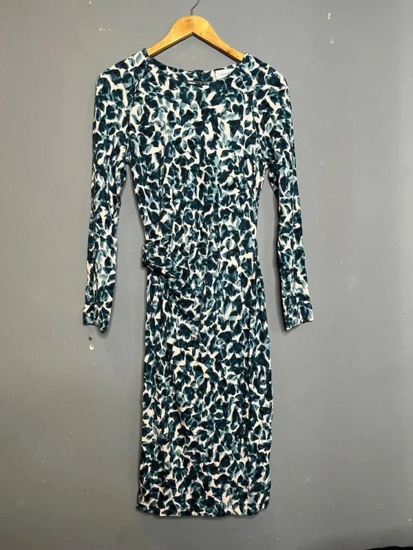 Jigsaw Jigsaw Teal Blue Leaf Print Ruched Waist Long Sleeve Bodycon Midi Dress S UK 8