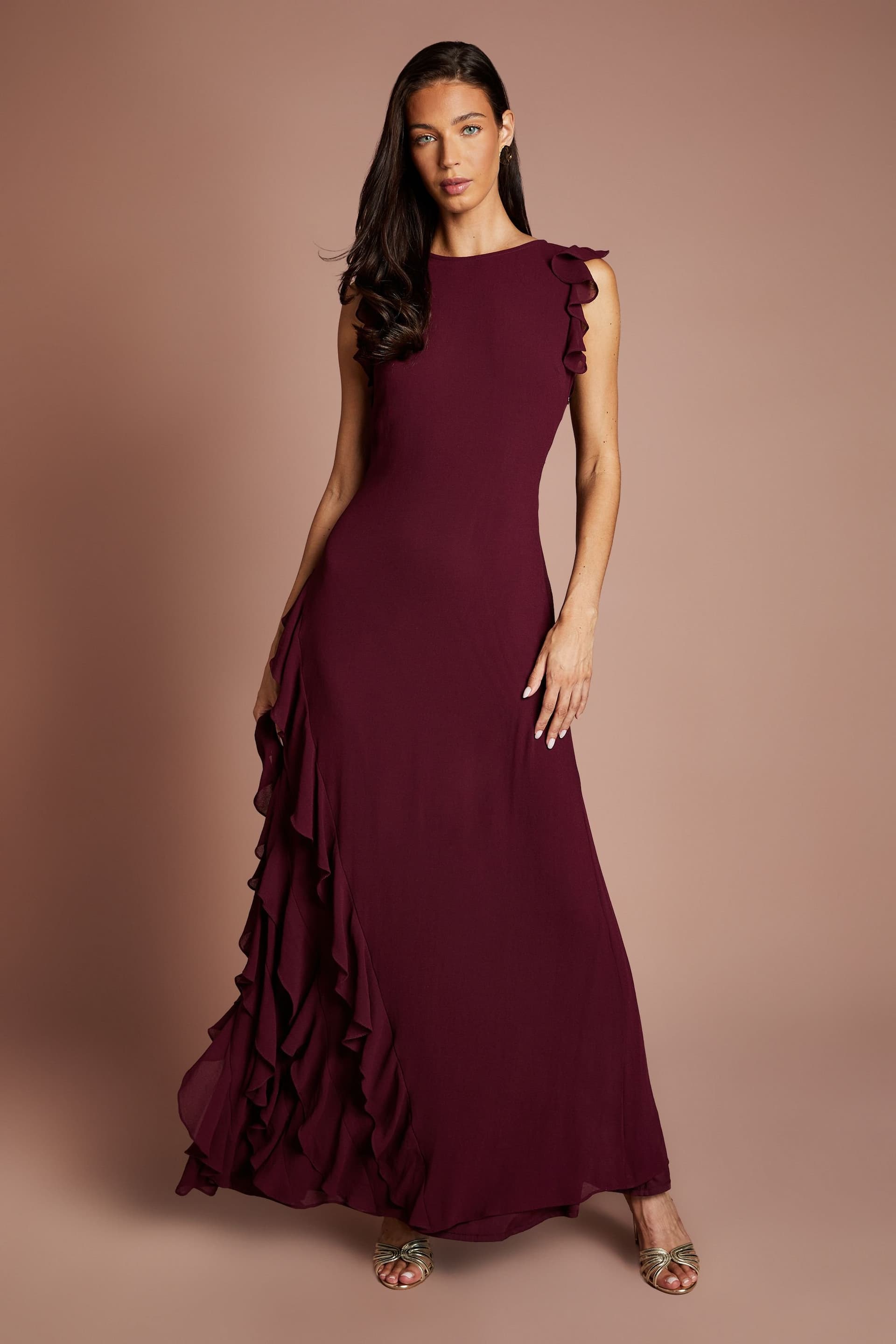 Coast Coast Women's Honoured Ruffle Georgette Maxi Bridesmaid Dress in Malbec