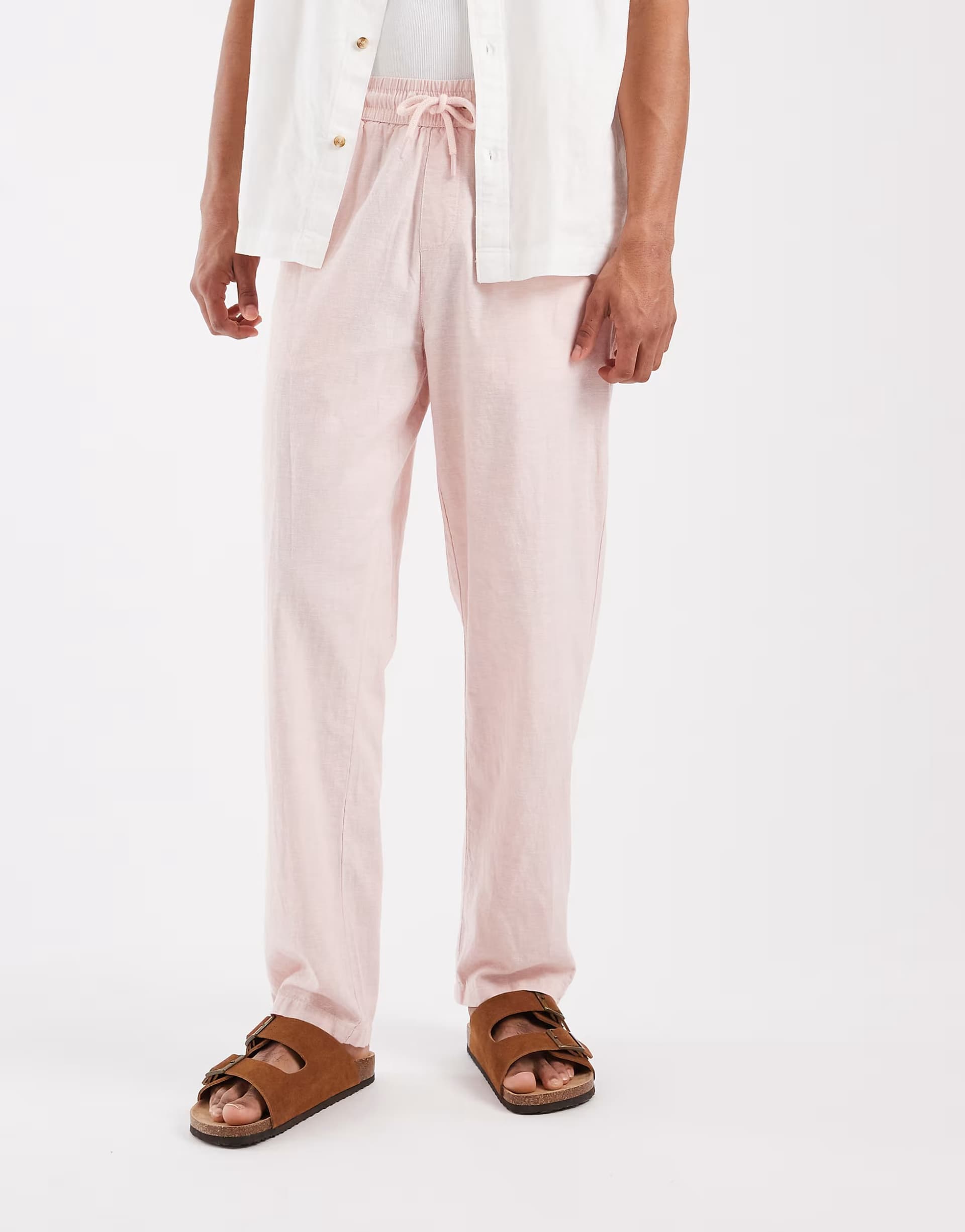 ASOS ASOS Cotton-Linen Drawstring Waist Regular Fit Trousers in Peach