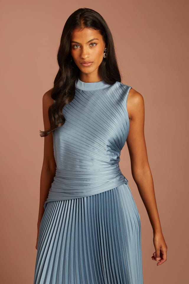Coast Coast Women's Petite Pleated Detail Bodice & Skirt Sleeveless Midi Dress in Dusty Blue - 2