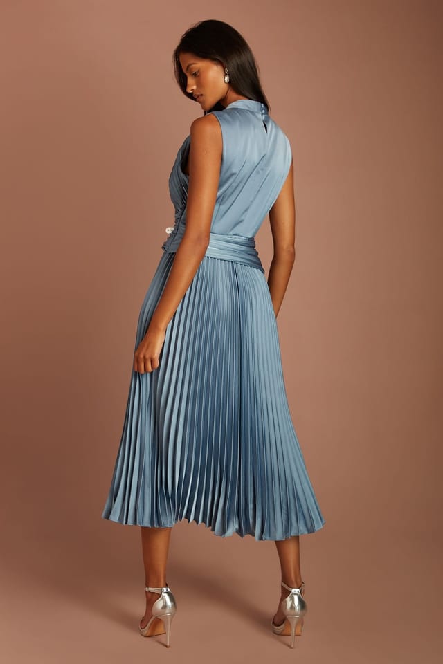 Coast Coast Women's Petite Pleated Detail Bodice & Skirt Sleeveless Midi Dress in Dusty Blue - 3
