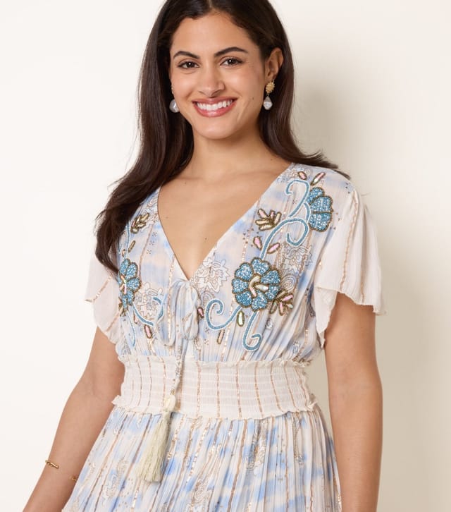 Blue Vanilla Women's Blue Beaded Flower Tiered Mini Dress Blue Vanilla New Look - 3