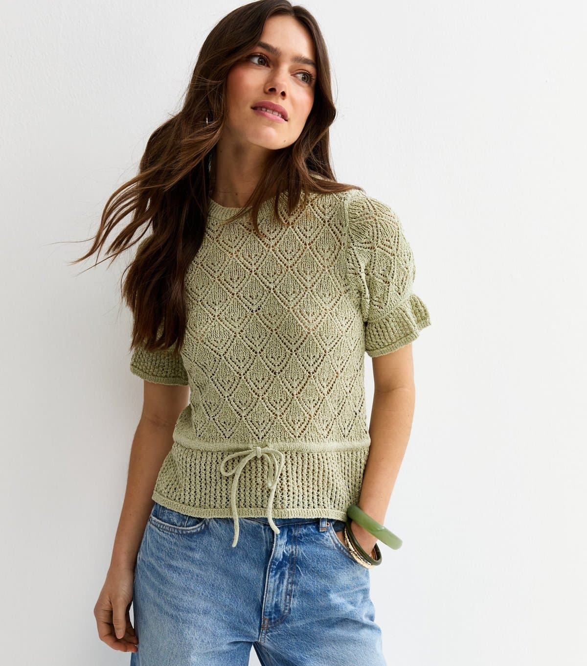 New Look Women's Petite Green Knit Tie Waist Top New Look