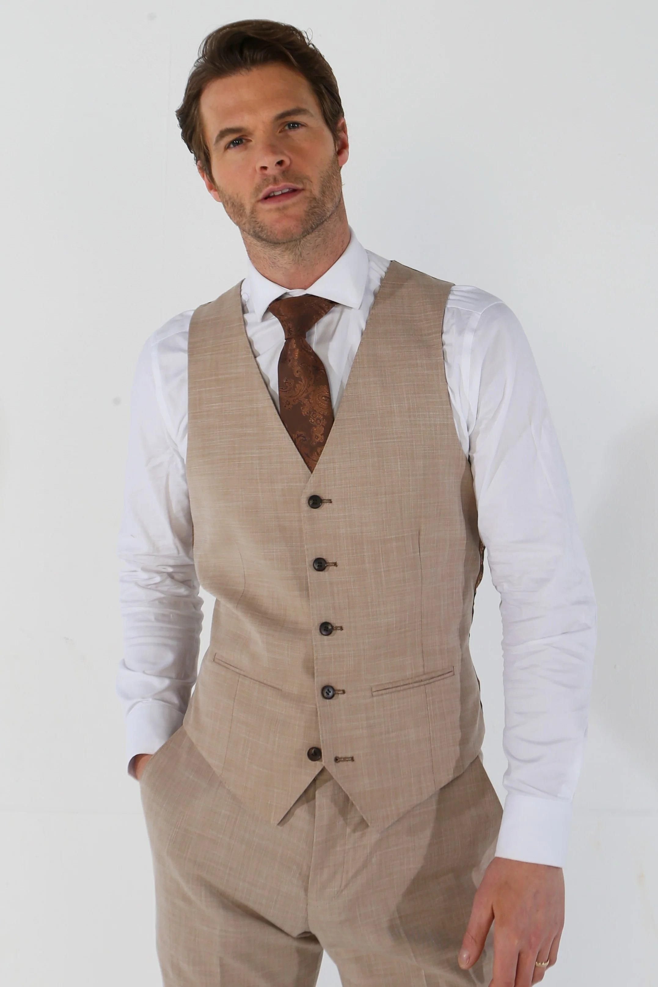 Paul Andrew Paul Andrew Men's Kurt Tailored Fit Plain Waistcoat in Beige - 2