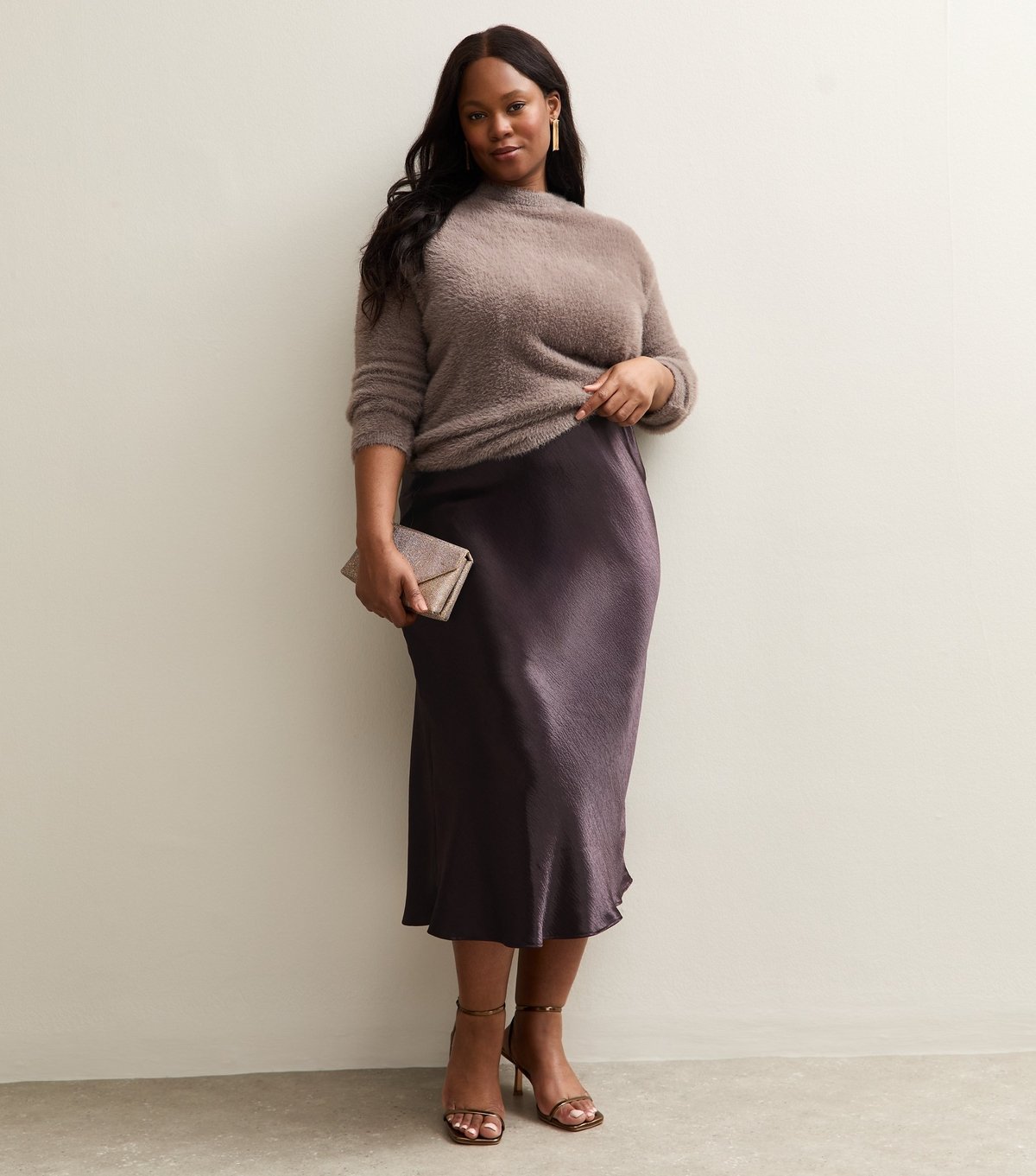 New Look Women's Plus Size Dark Burgundy Satin Midi Skirt Curves New Look - 1