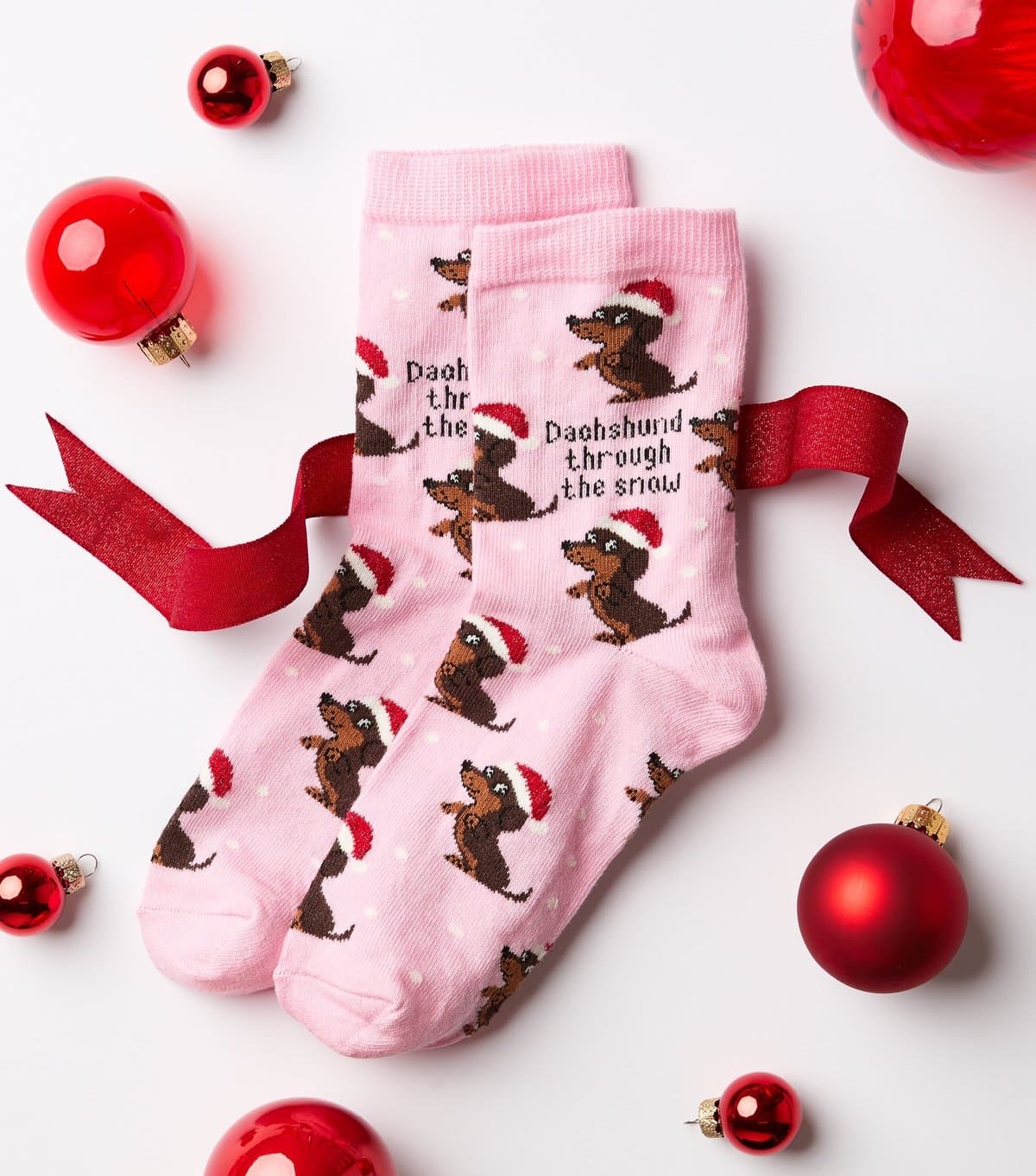 New Look Pink Cotton Rich Christmas Dachshund Through The Snow Ankle Socks New Look
