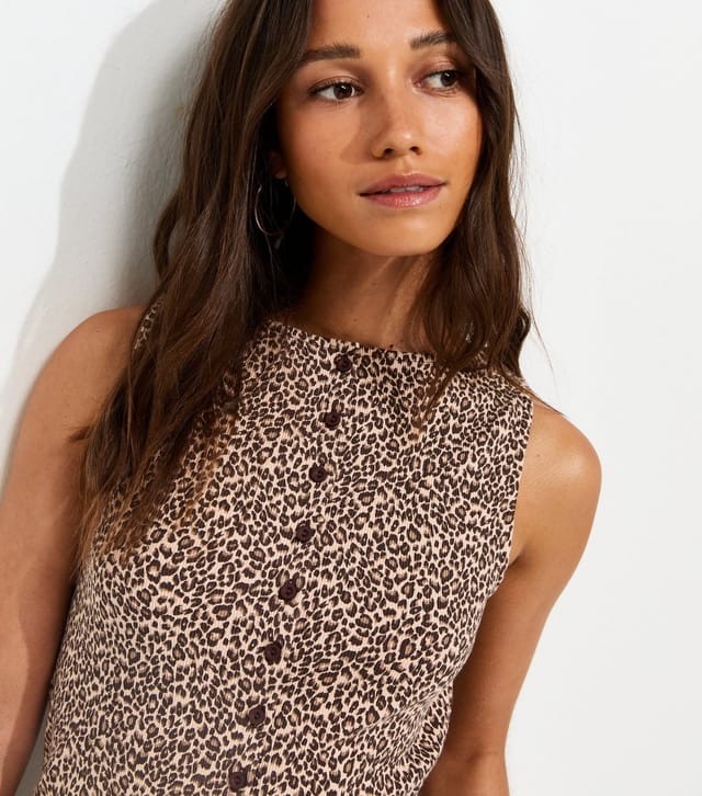 New Look Women's Brown Cotton Rich Leopard Print Button Through Tank Top New Look - 2