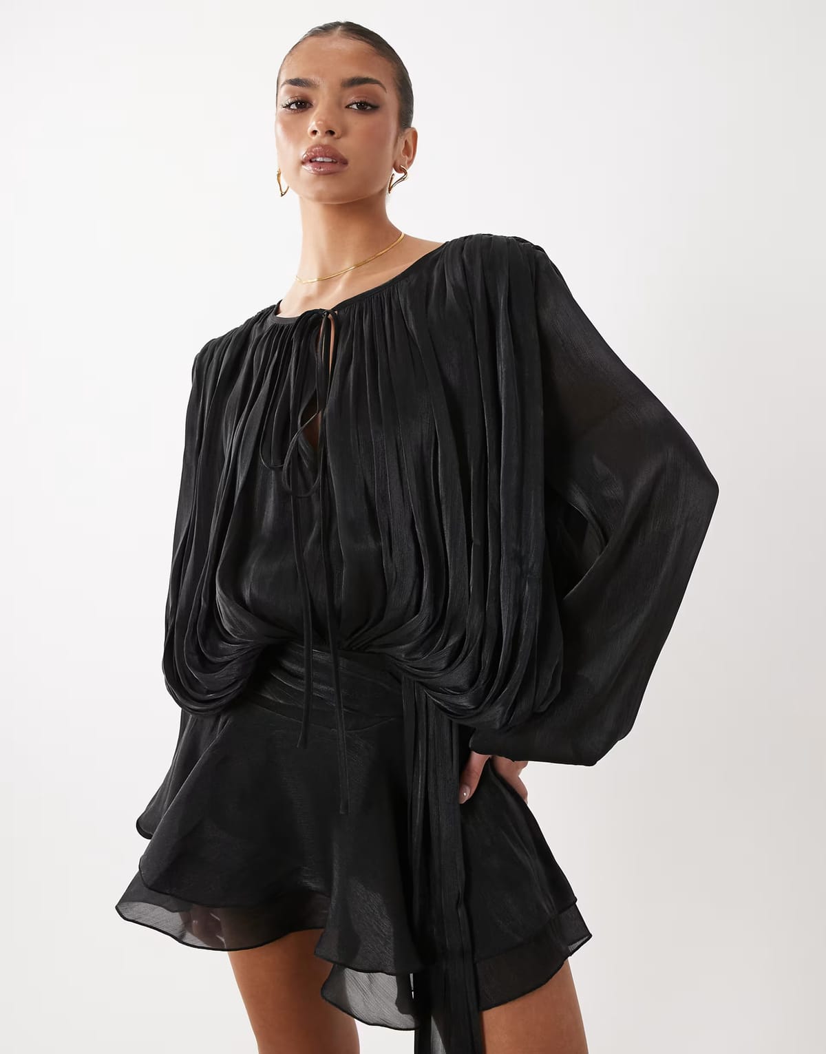 ASOS Lioness Elements high sheen chiffon drape detail balloon sleeve tie waist mini dress in black - 1