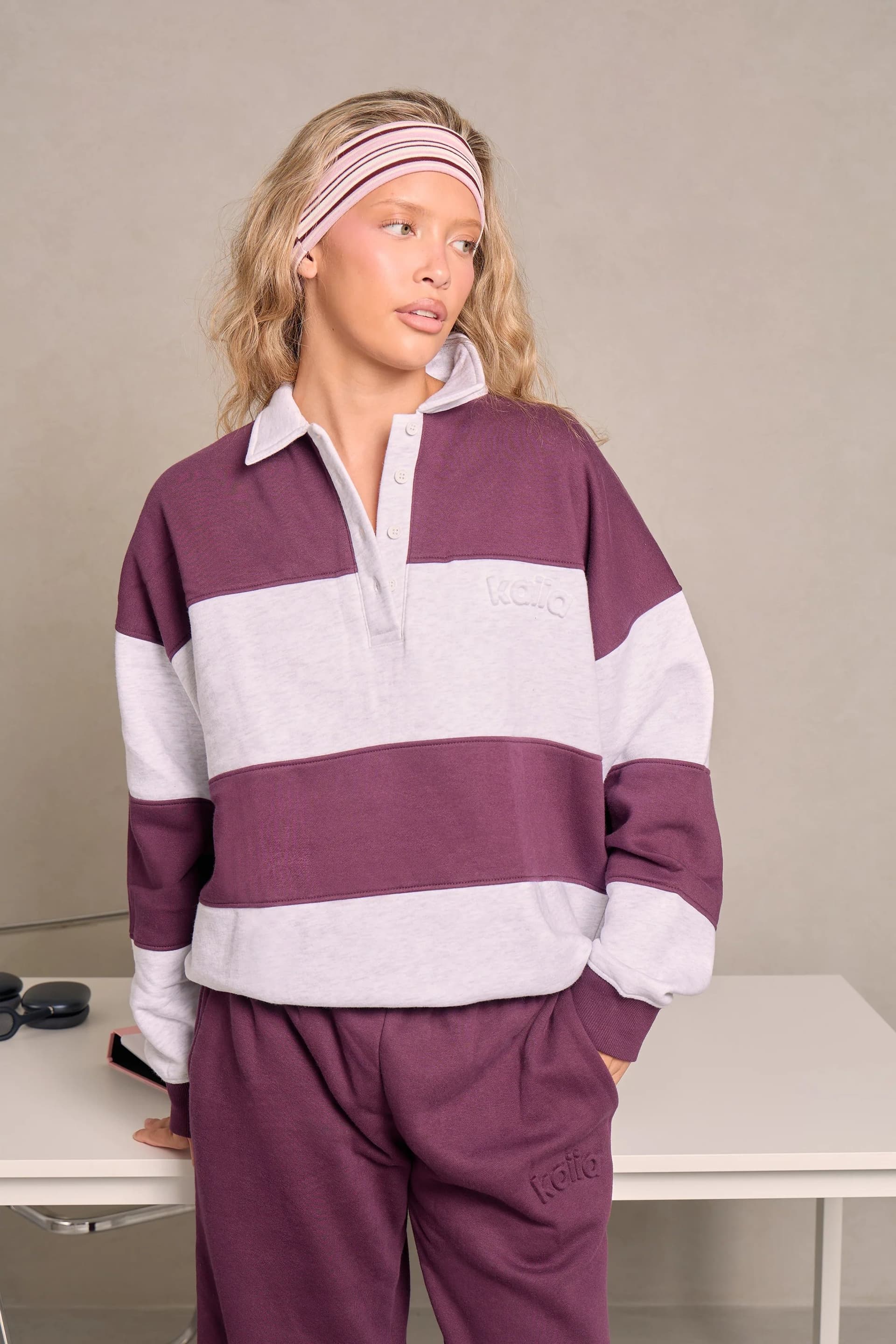 Kaiia Kaiia Striped Oversized Rugby Sweatshirt Light Grey Marl & Deep Plum