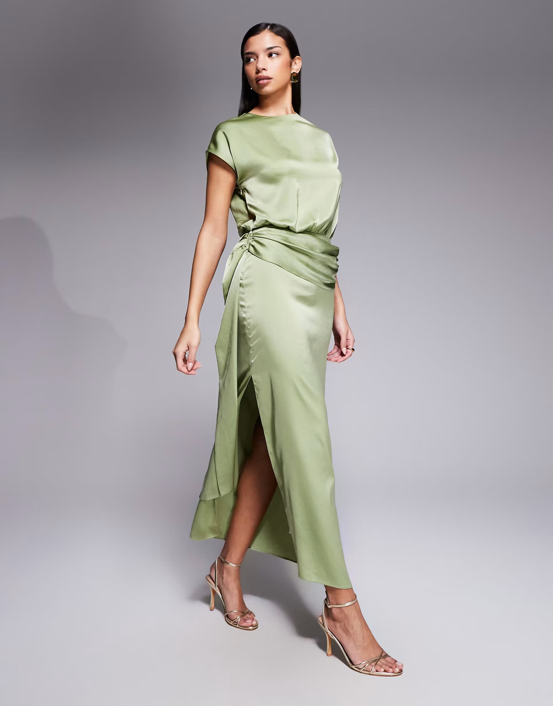 ASOS ASOS DESIGN satin flutter sleeve draped waist maxi dress in sage green