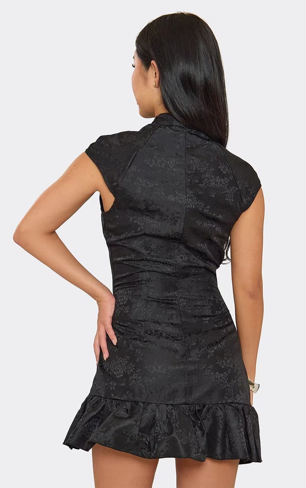 EGO Short Sleeve Frill Hem Mini Dress In Black Floral Print Satin, Women's Size UK 6