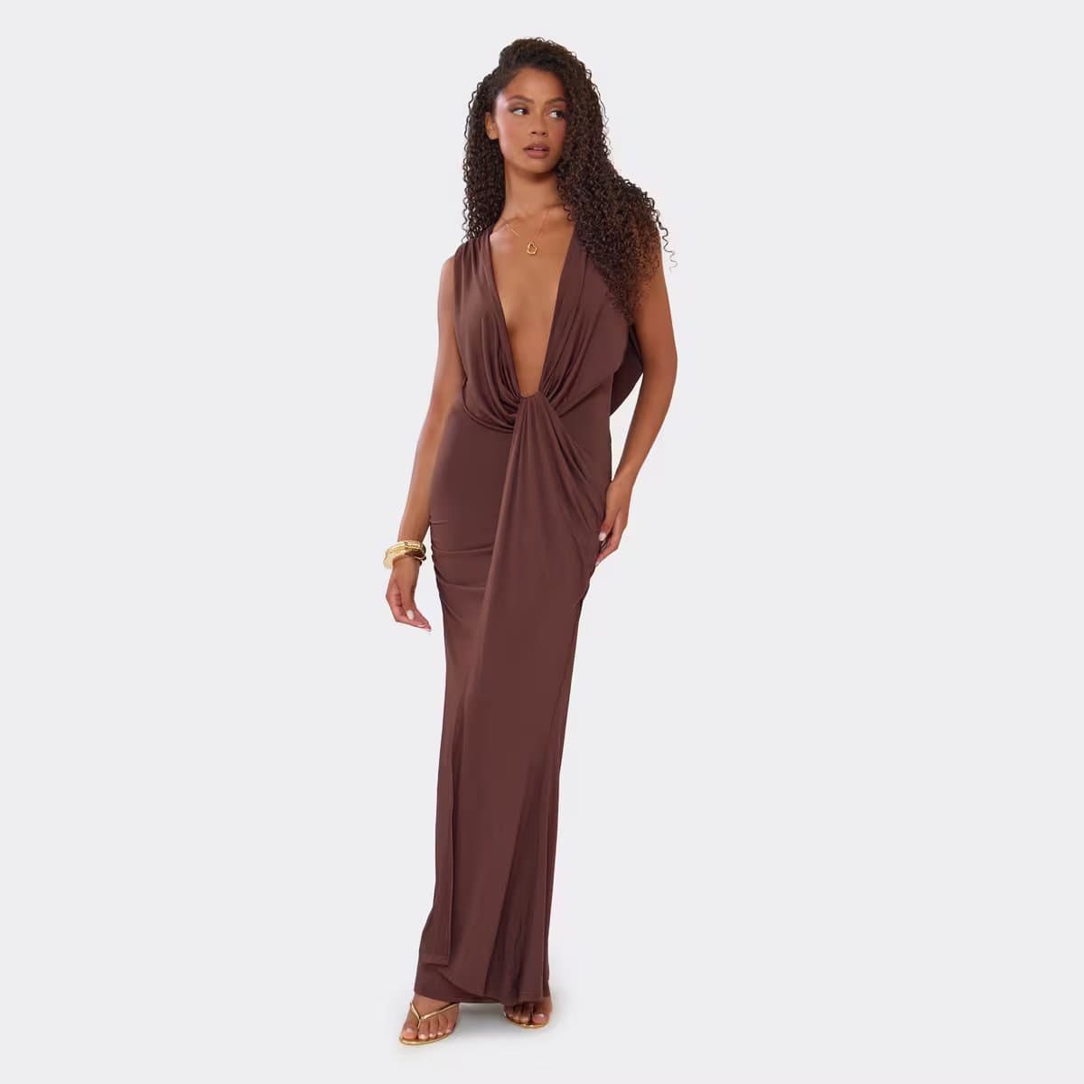 EGO Cowl Neck Draped Front Tie Back Maxi Dress In Brown, Women's Size UK 6