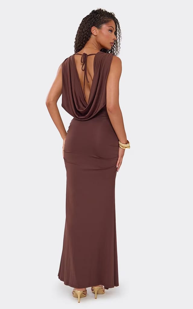 EGO Cowl Neck Draped Front Tie Back Maxi Dress In Brown, Women's Size UK 6 - 2