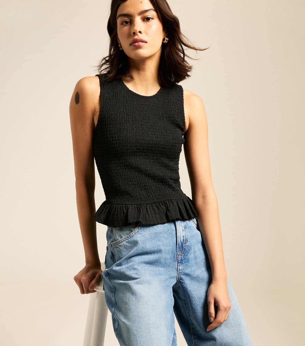 New Look Women's Black Shirred Peplum Hem Top New Look