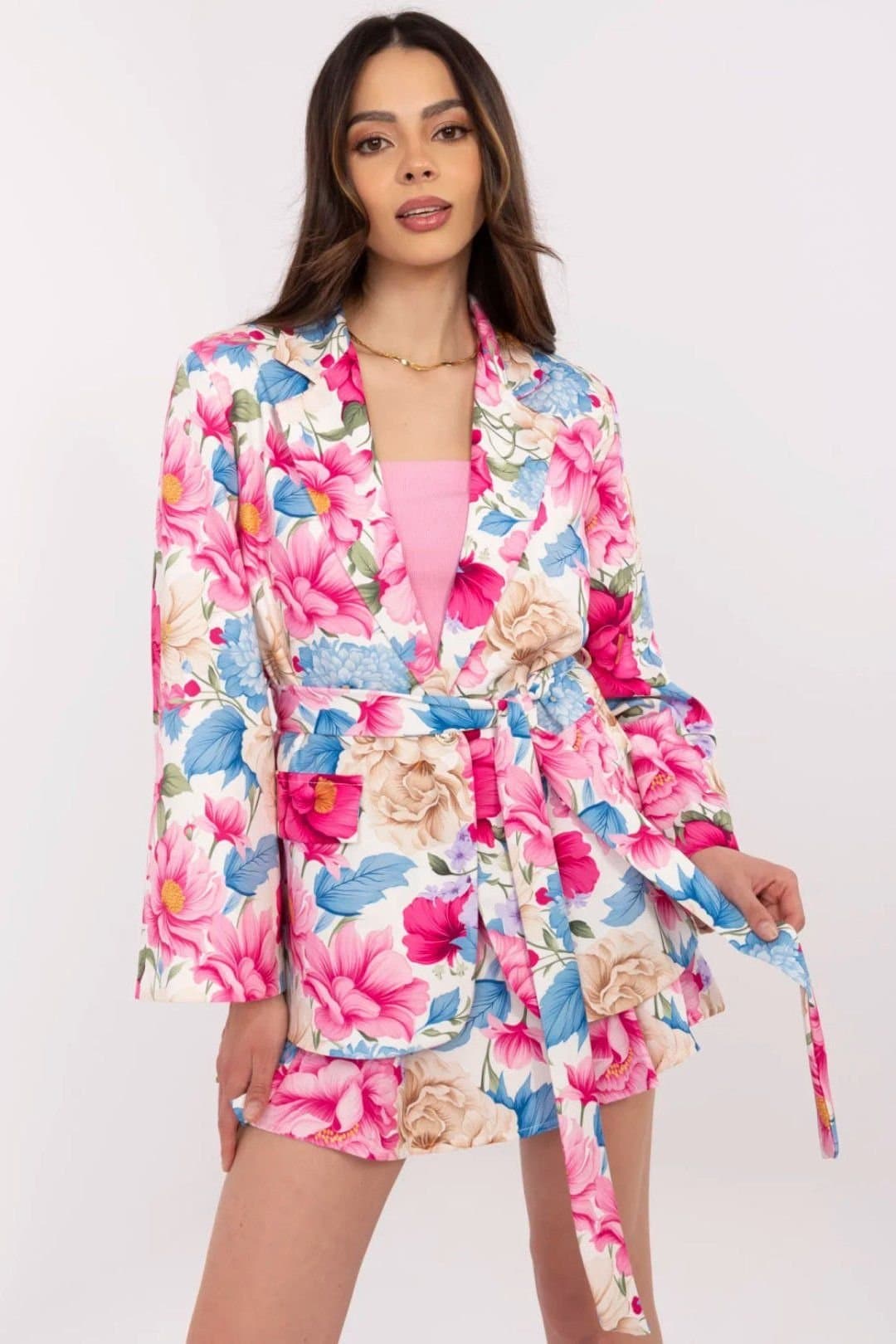 Love Lace Love Lace Women's Floral Blazer & Tie Belt Shorts Set in Pink