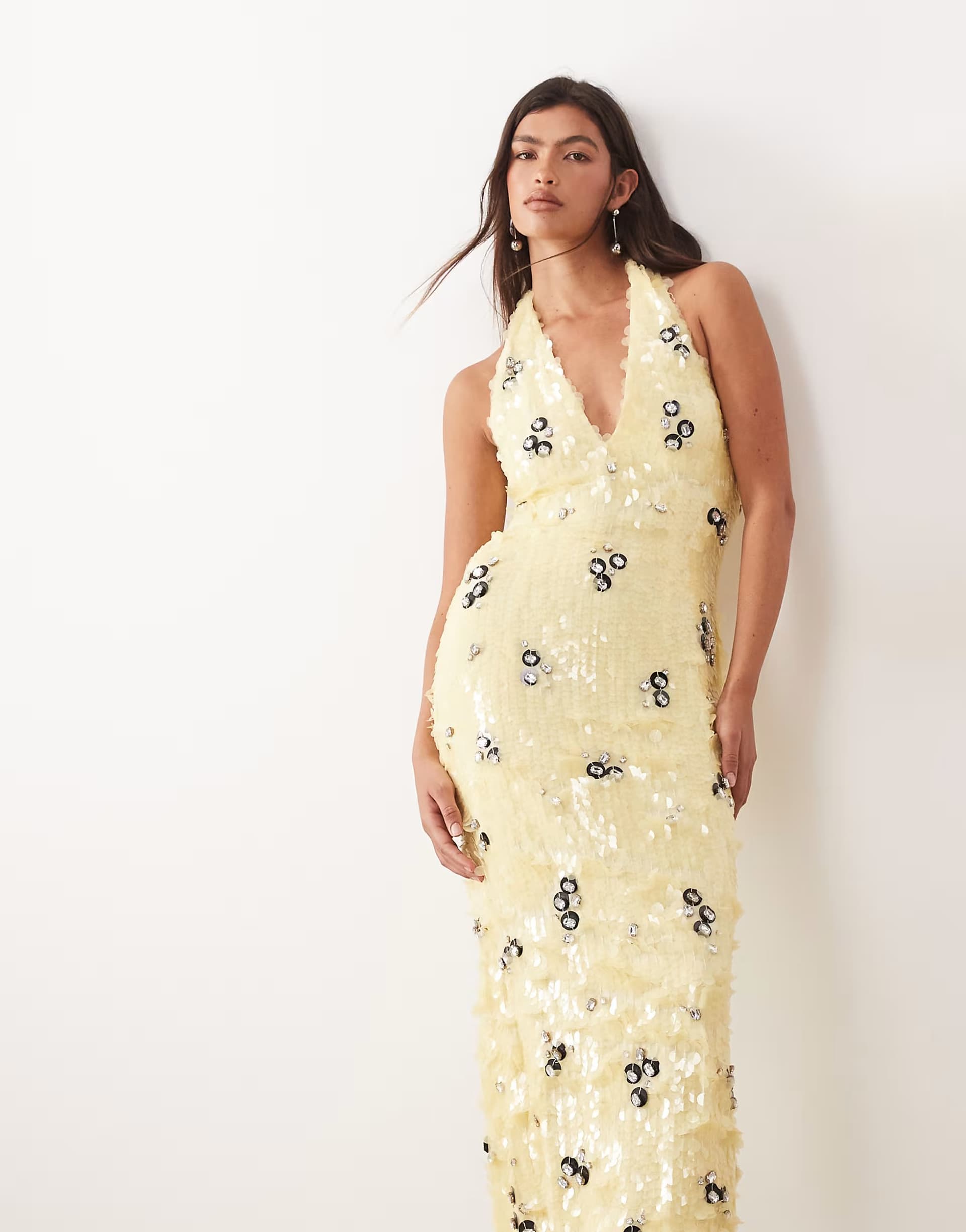 ASOS ARRANGE crystal embellished plunge halter column maxi dress in butter yellow
