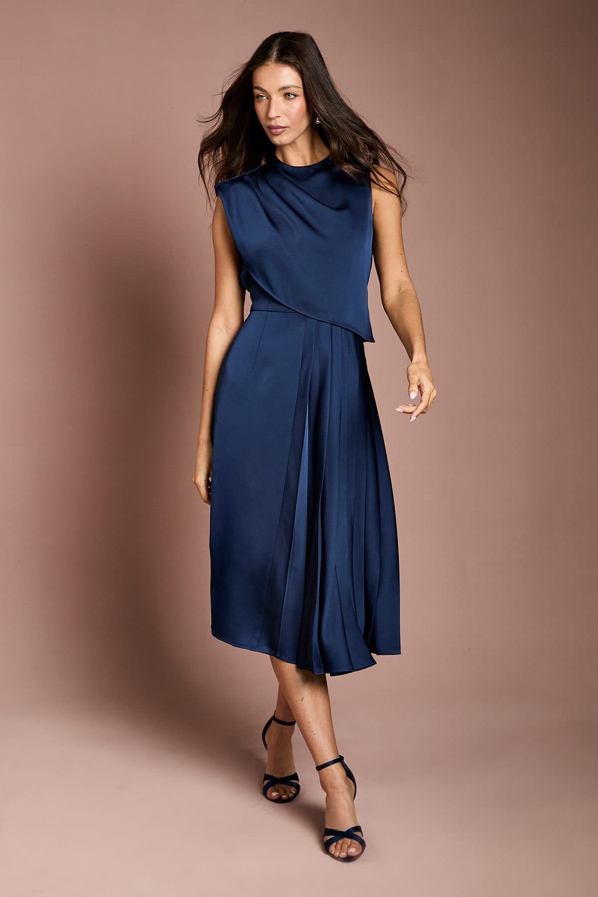 Coast Coast Women's Satin Drape Shoulder Pleated Skirt Midi Dress in Navy