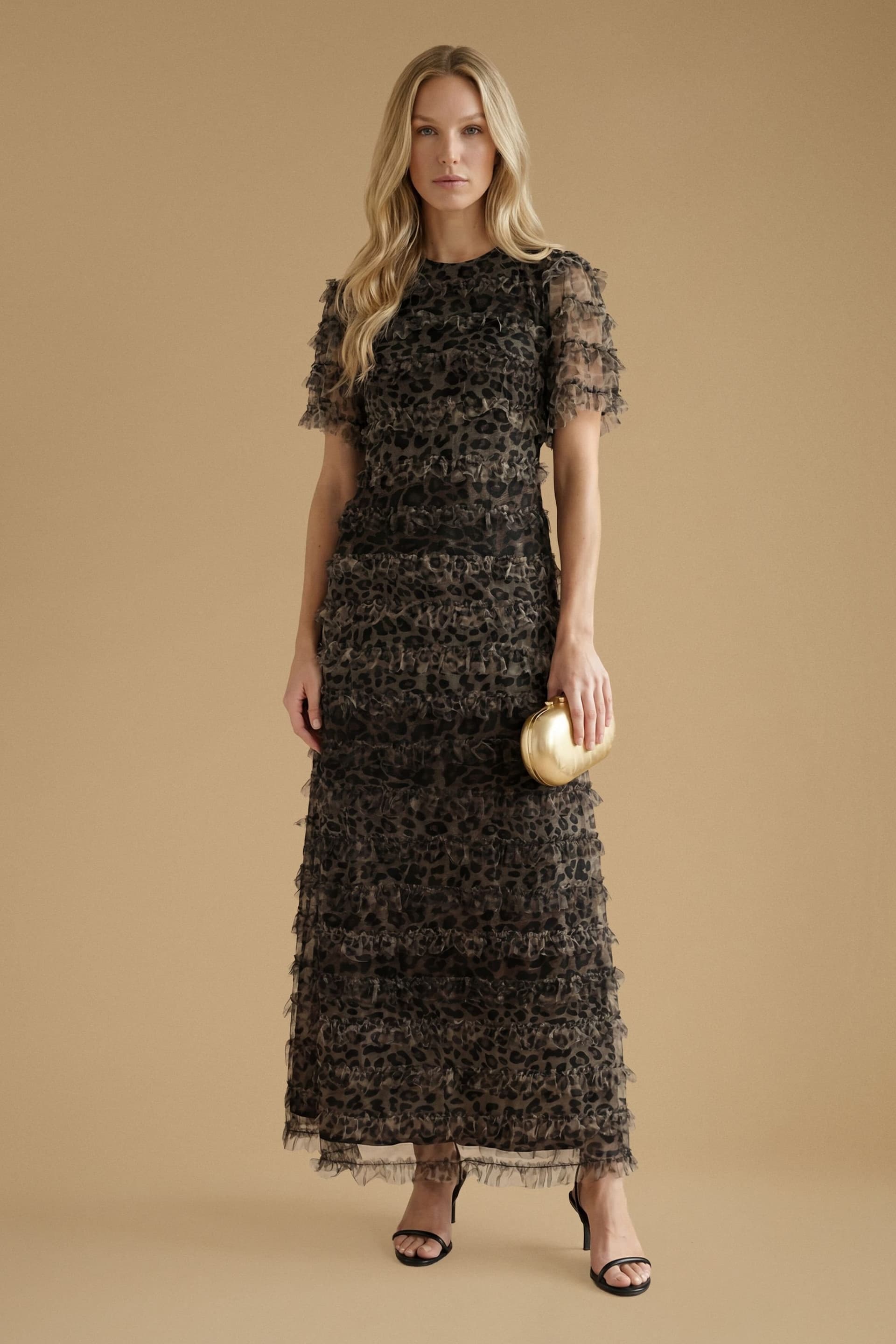 Oasis Oasis Women's Leopard Print Ruffle Mesh Maxi Dress