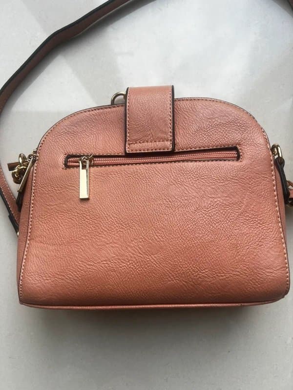 New Look Peach-pink leather effect cross body bag with gold trim and chain