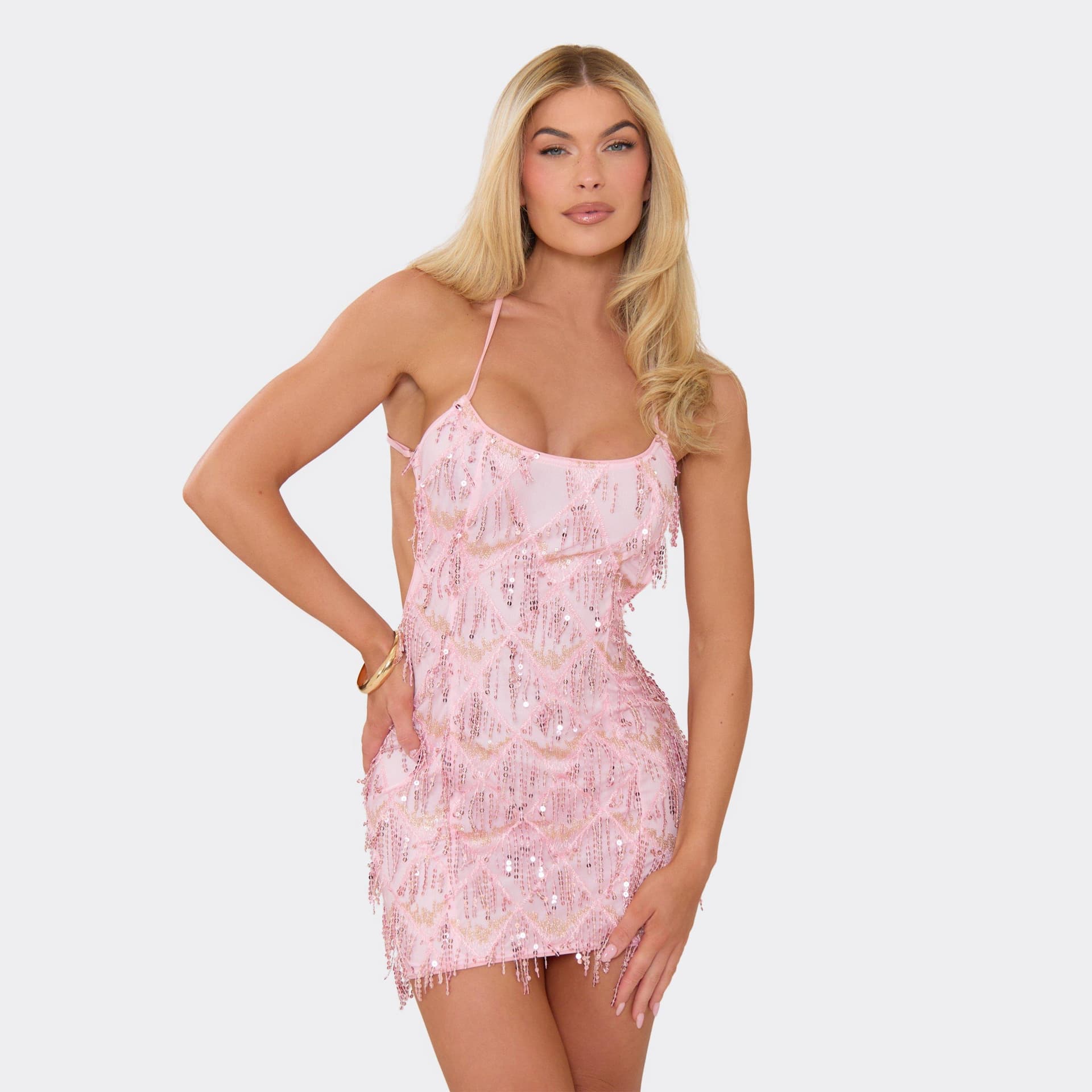 EGO Scoop Neck Open Back Strappy Mini Dress In Pink Sequin, Women's Size UK 6