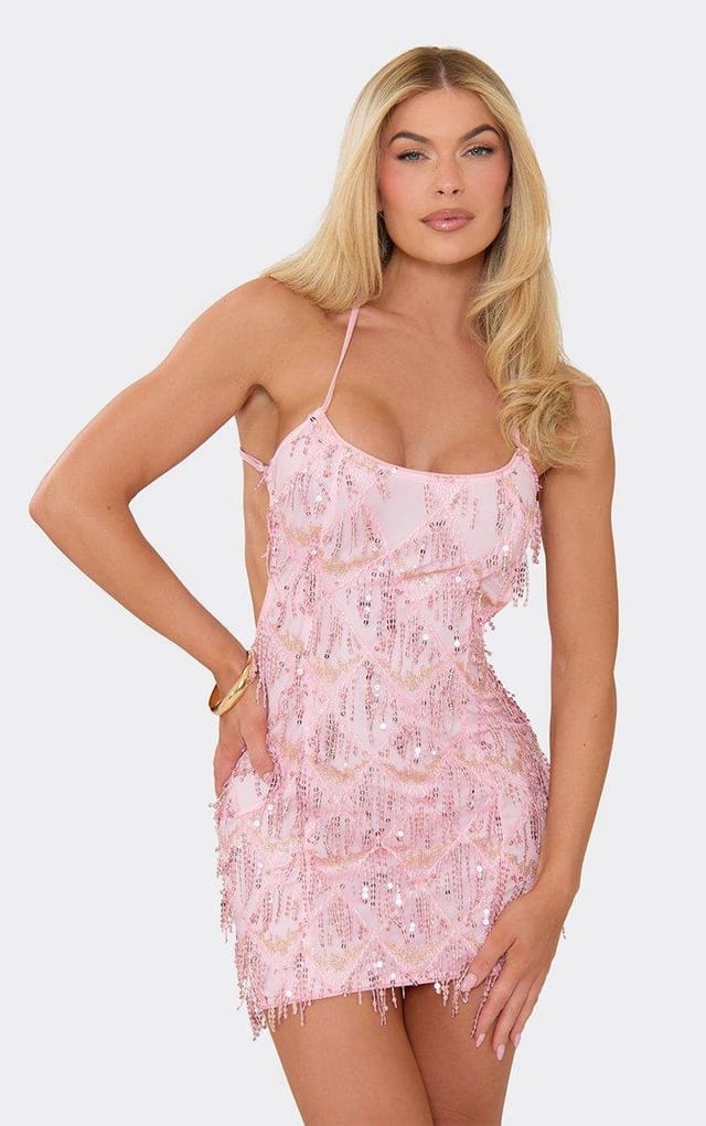 EGO Scoop Neck Open Back Strappy Mini Dress In Pink Sequin, Women's Size UK 6 - 2