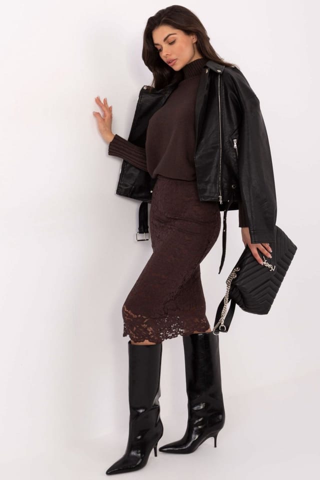 Love Lace Love Lace Women's Elegant Elastic Waist Lace Midi Skirt in Brown - 2