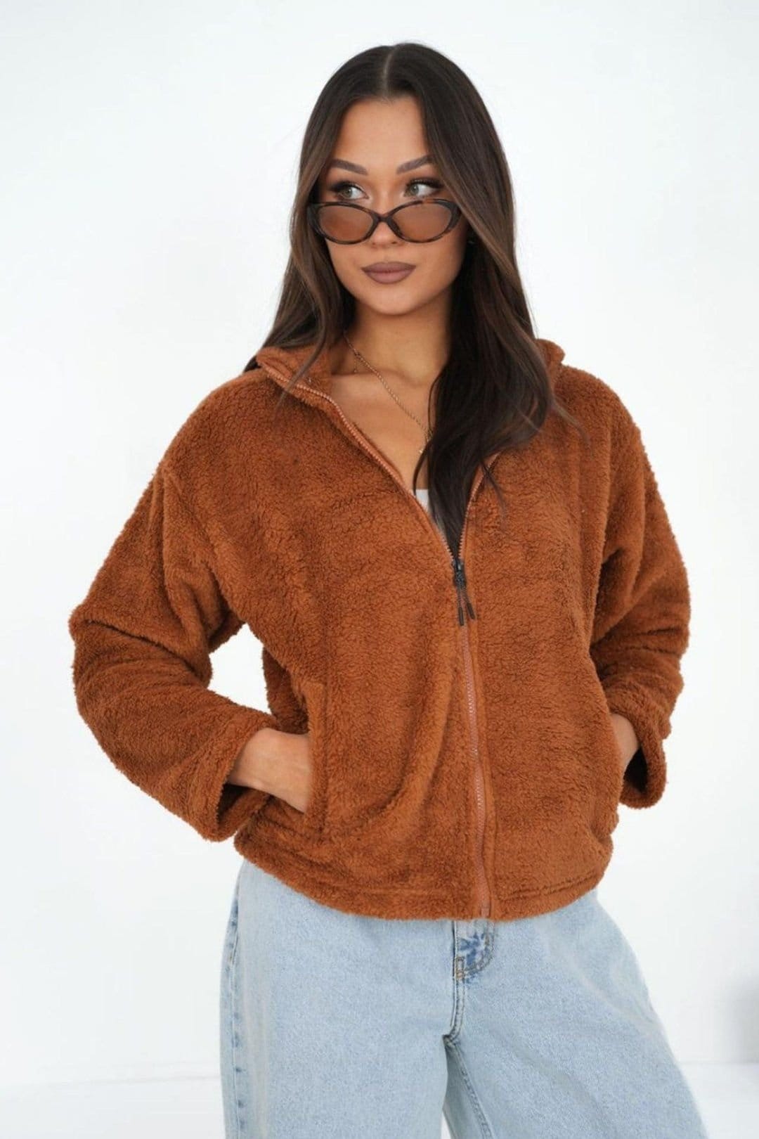 Love Lace Brown Teddy Fleece Zip Casual Sweatshirt