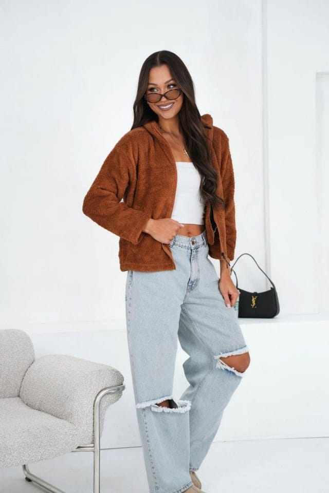 Love Lace Love Lace Women's Teddy Fleece Zip Casual Sweatshirt in Brown - 2