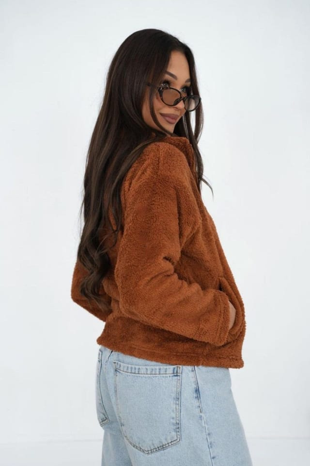 Love Lace Love Lace Women's Teddy Fleece Zip Casual Sweatshirt in Brown - 3