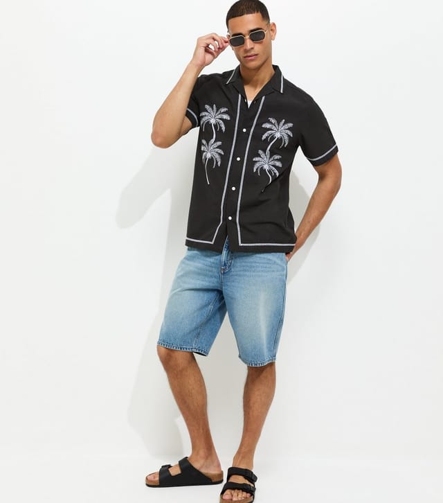 New Look Men's Black Regular Palm Embroidered Short Sleeve Shirt New Look - 3