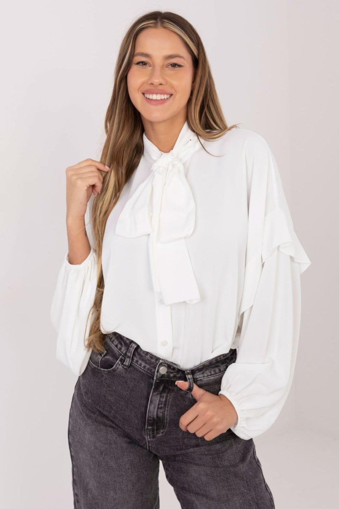 Love Lace Love Lace Women's Long Sleeve Collarless Tie Neck Shirt in White - 4