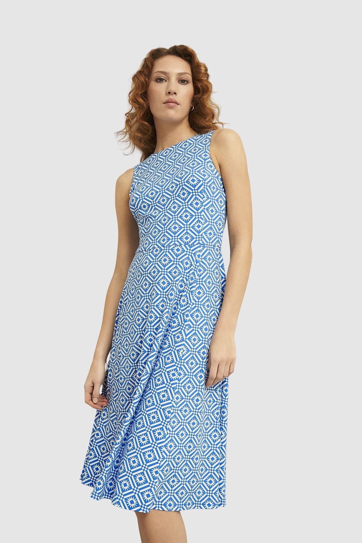 Hobbs London Hobbs London Women's Lisa Geometric Print Jersey Dress in Bright Blue