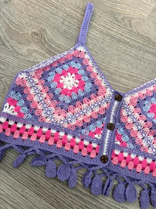unbranded Crochet Granny Square Crop Top Festival Boho Y2K Purple Pink Tassel Bralette UK 10