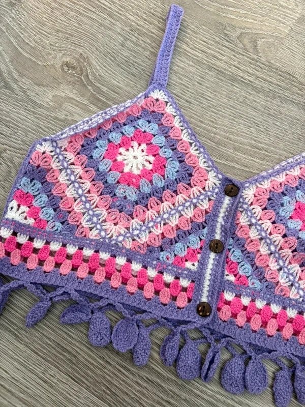 unbranded Crochet Granny Square Crop Top Festival Boho Y2K Purple Pink Tassel Bralette UK 10 - 1