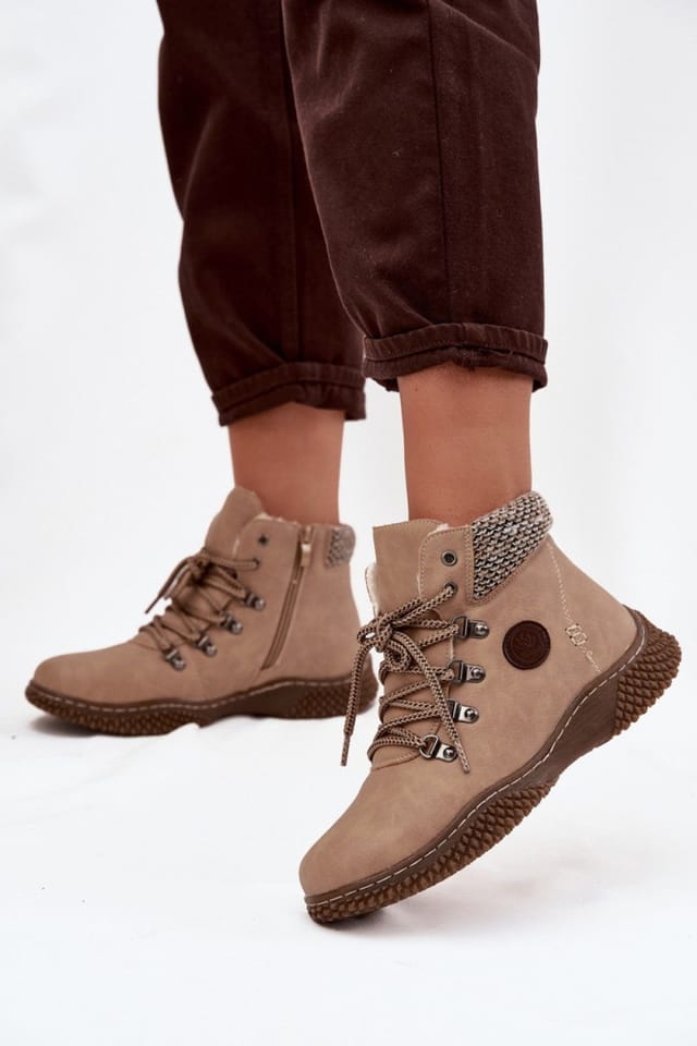 Love Lace Love Lace Women's Trapper Lace Zip Ankle Boots Fur Lined Winter Rubber Sole in Beige - 3