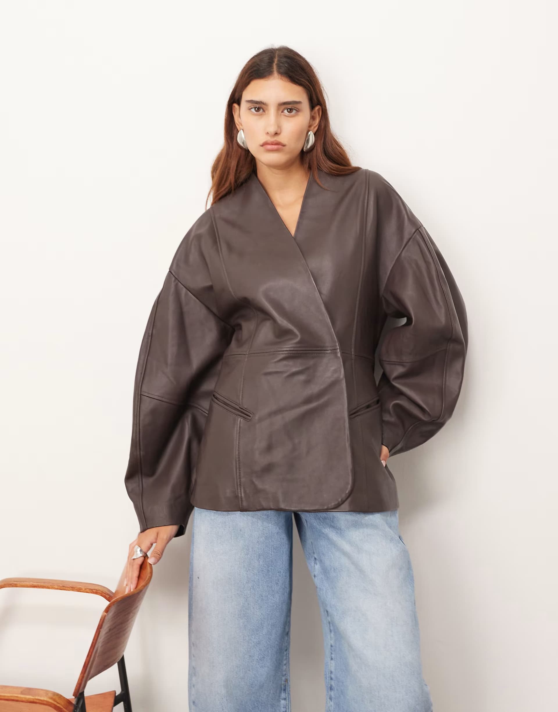 ASOS ARRANGE soft leather jacket with cinched waist and ovoid sleeve in chocolate