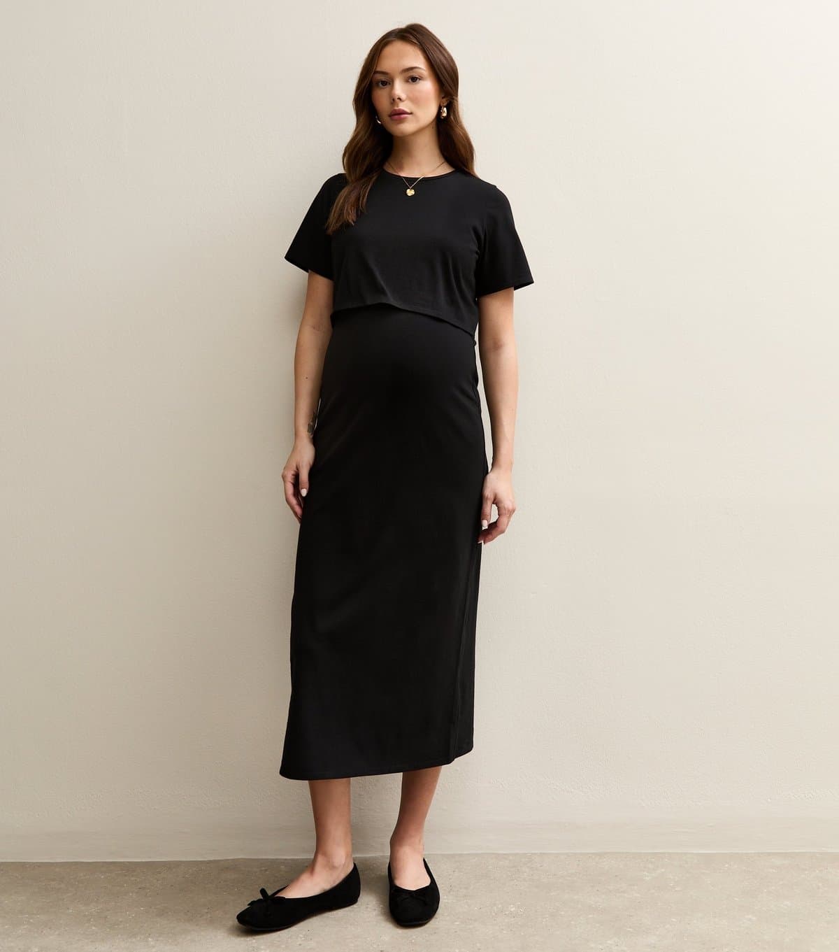 New Look Women's Maternity Black Layered Crew Neck Nursing Midi Dress New Look